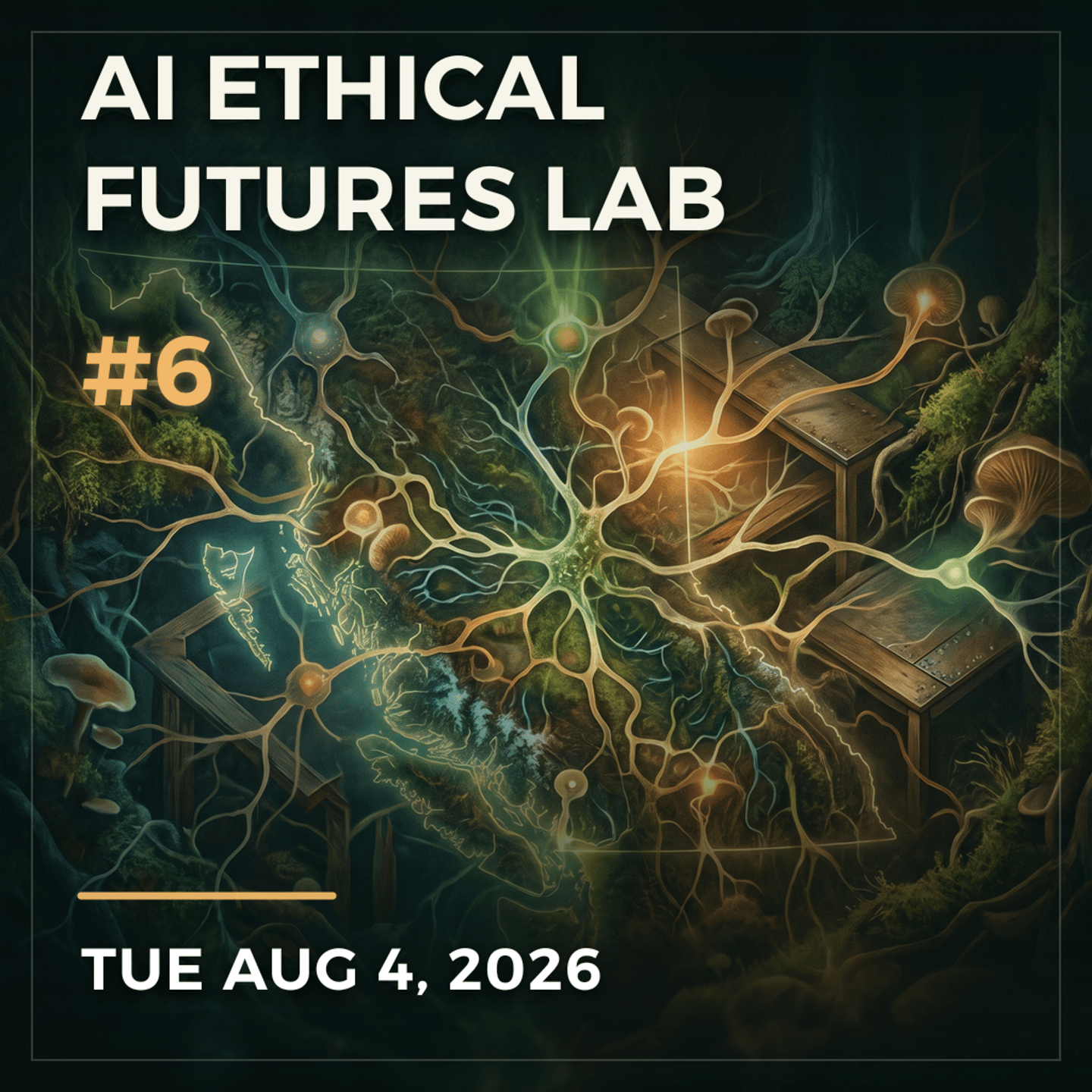 AI Ethical Futures Lab number 6 event artwork, a bright mycelial network on black.