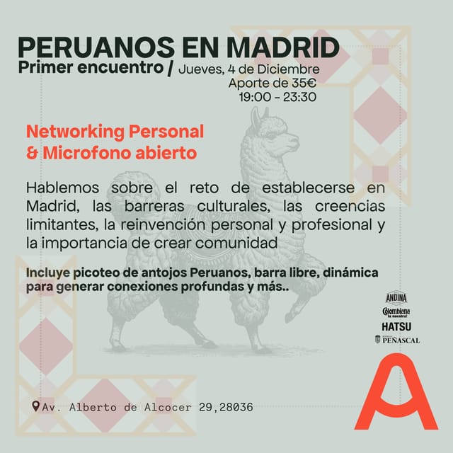Cartel de Peruanos en Madrid - Encuentro de Networking personal & Micrófono abierto