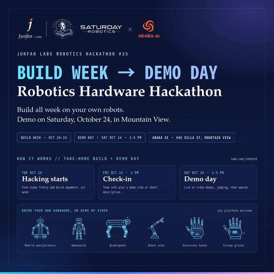 Robotics Hardware Hackathon Demo Day: Junfan Labs × Abaka AI. Mountain View 10/24 | Junfan Labs #35