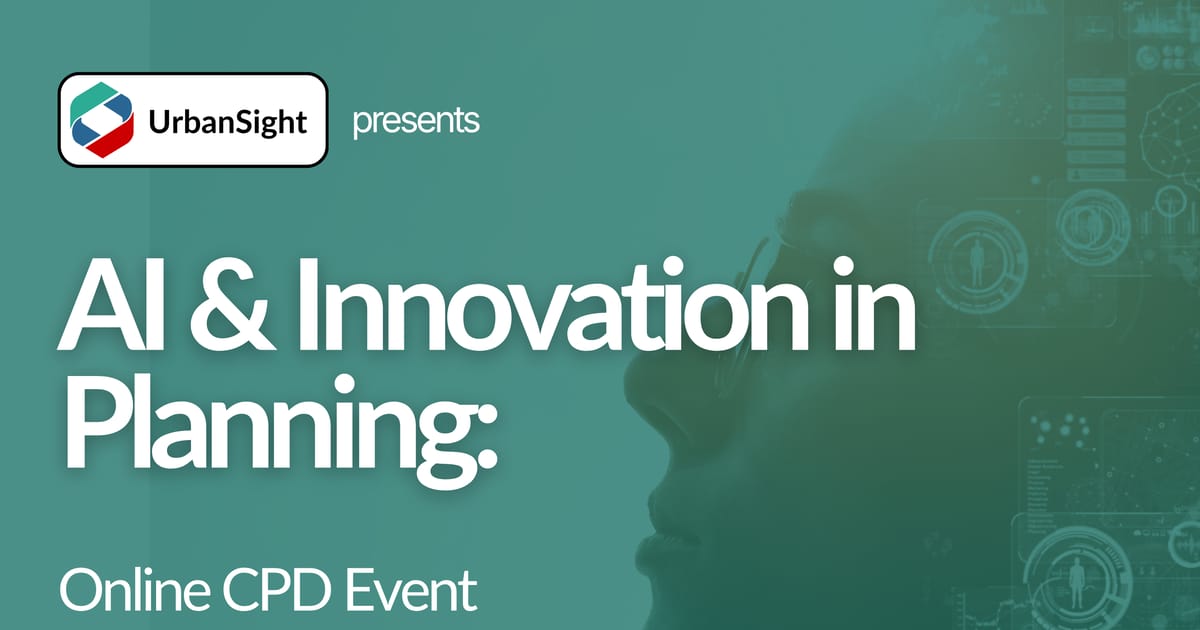 UrbanSight poster reading AI & Innovation in Planning: Online CPD Event, over a teal image of a face and digital interface graphics