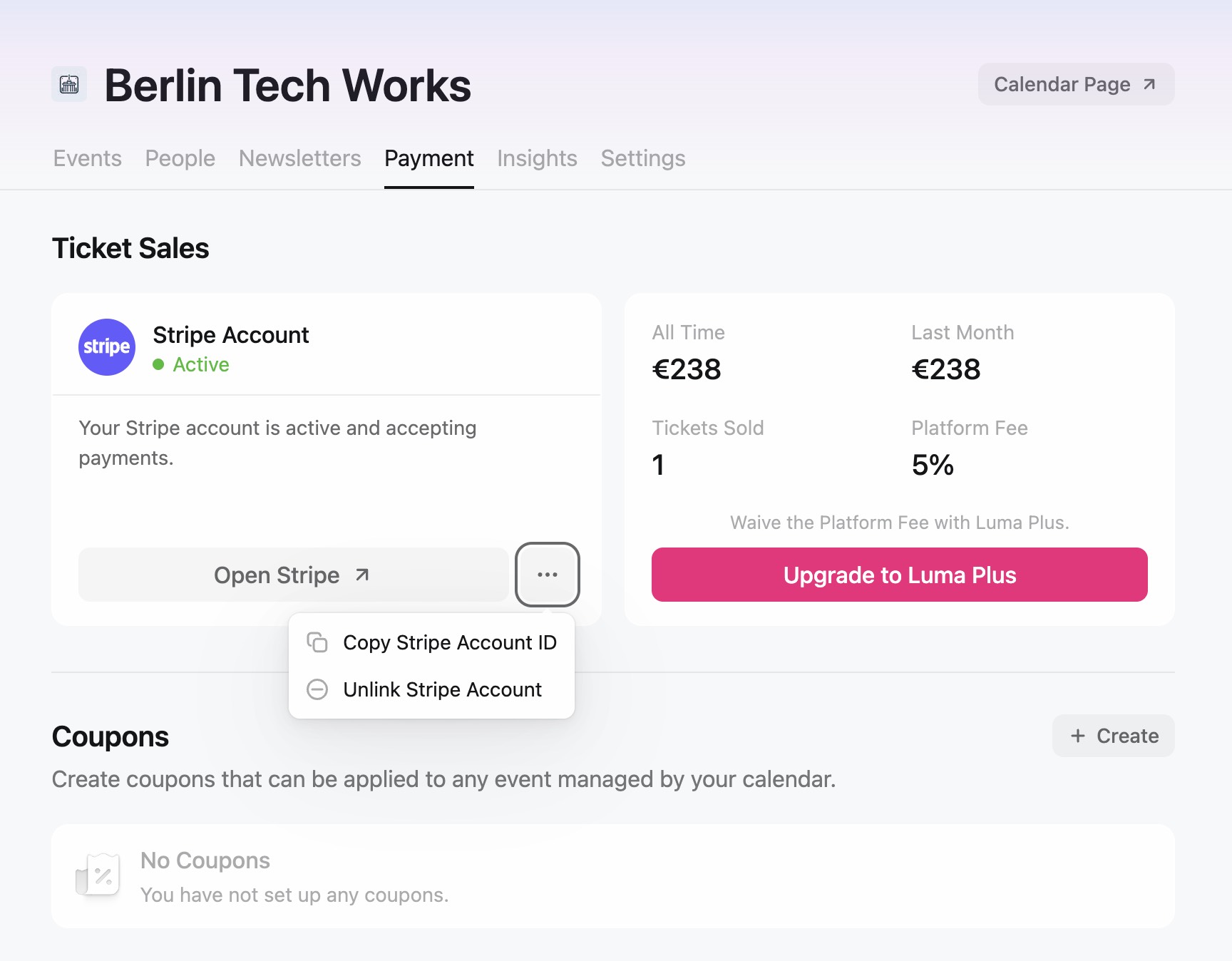 Unlink Stripe Account option in the menu