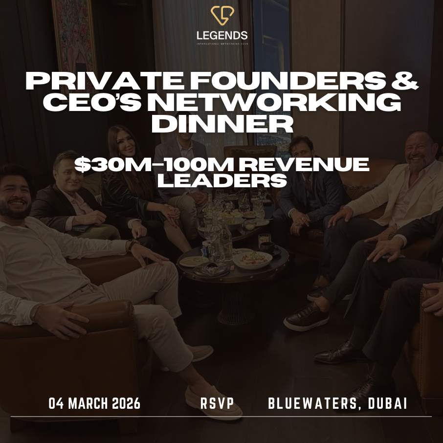 Private Founders & CEOs Networking Dinner. $30M–100M Revenue Leaders | 8 Seats | BlueWaters, Dubai