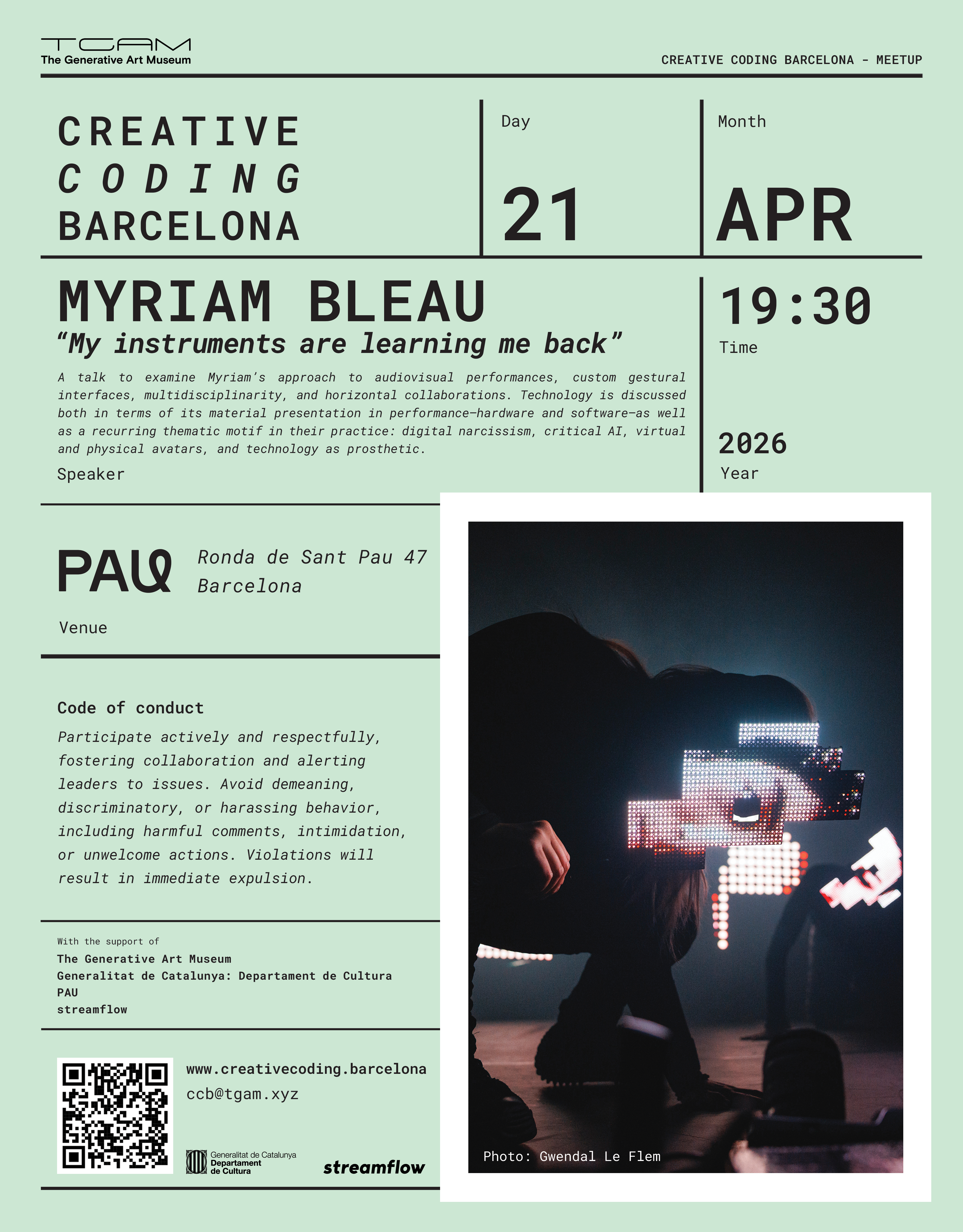 Creative Coding Barcelona with Myriam Bleau presents "My instruments are learning me back"