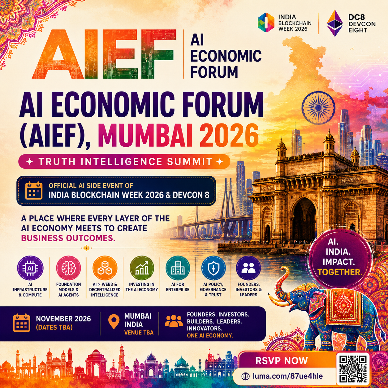FORUM ÉCONOMIQUE DE L'IA (AIEF), MUMBAI 2026 ⟡ Sommet sur l'Intelligence de la Vérité — Événement Officiel de l'IA de la Semaine de la Blockchain en Inde 2026 & Devcon 8