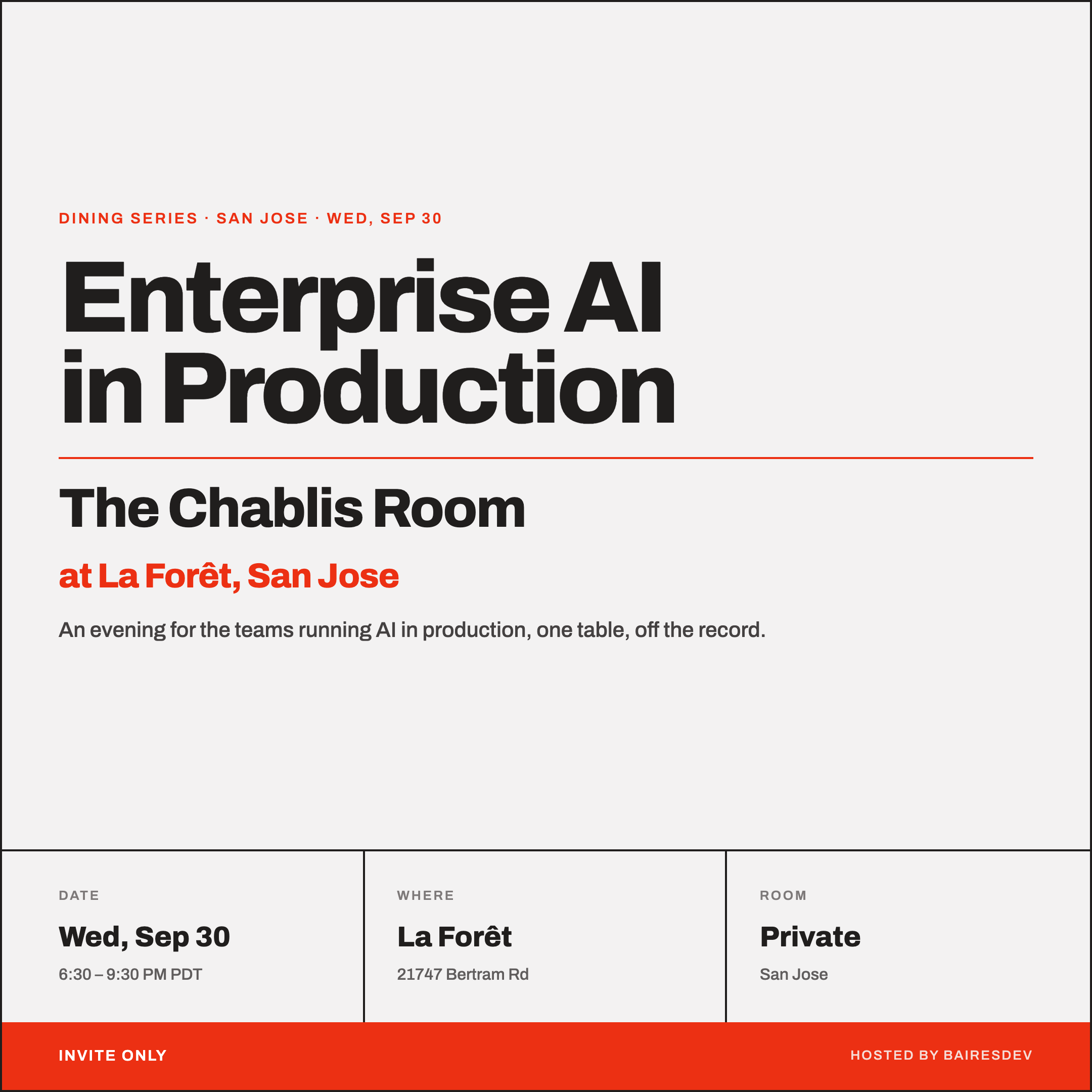 Tech Leaders Fine Dining Series: ein Abendessen zu Enterprise AI in der Produktion: Private Dining bei La Forêt in San Jose