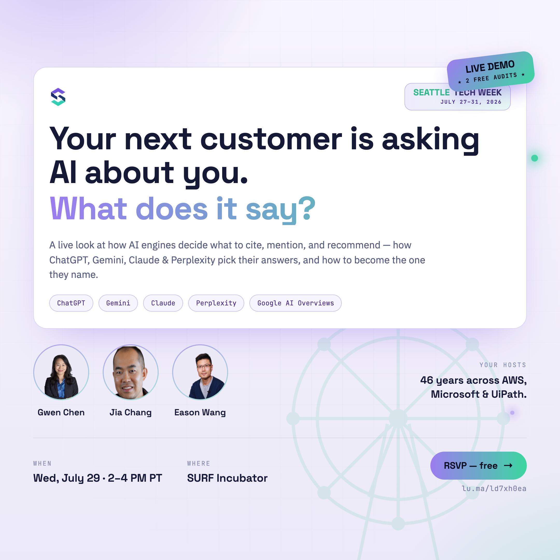 Semana de Tecnologia de Seattle | Marketing de IA: Seu Próximo Cliente Está Perguntando Sobre Você na IA. O Que Ela Diz?