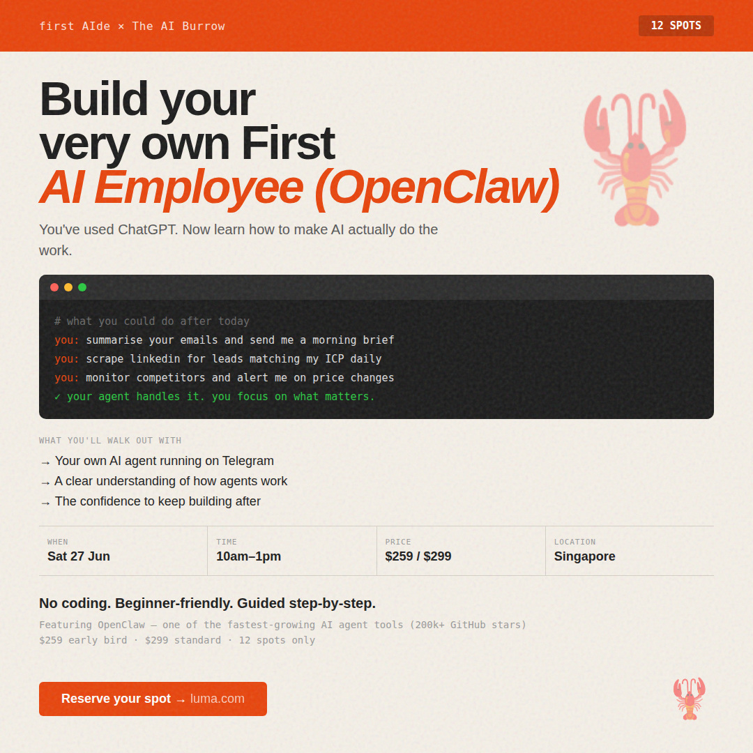 Cover art for #Build Your First and Very Own AI Employee (OpenClaw) Hands On (The AI Burrow x first AIde) — Singapore