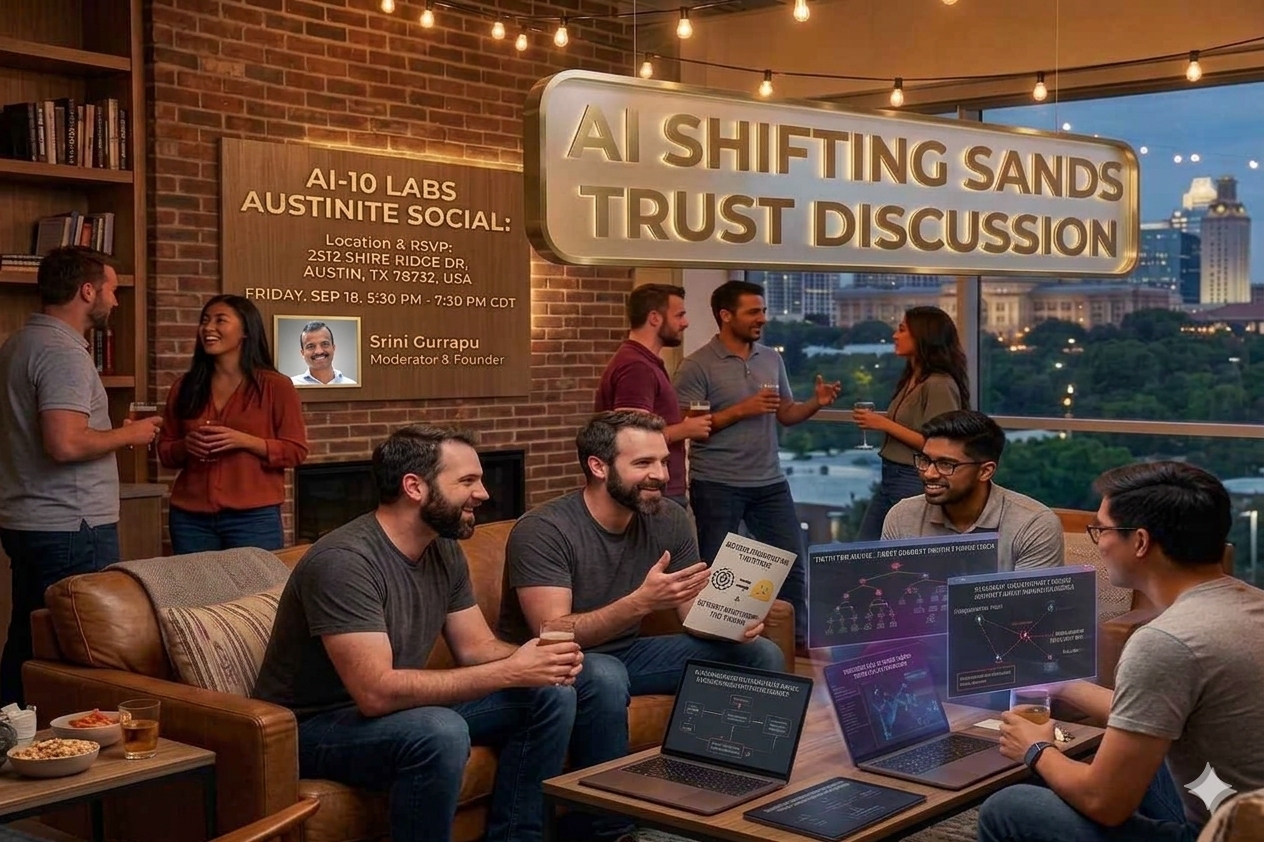 AI-10 Labs Austinite Social: Encuentro de constructores cibernéticos de IA. Discusión sobre "AI-Shifting Sands Trust".