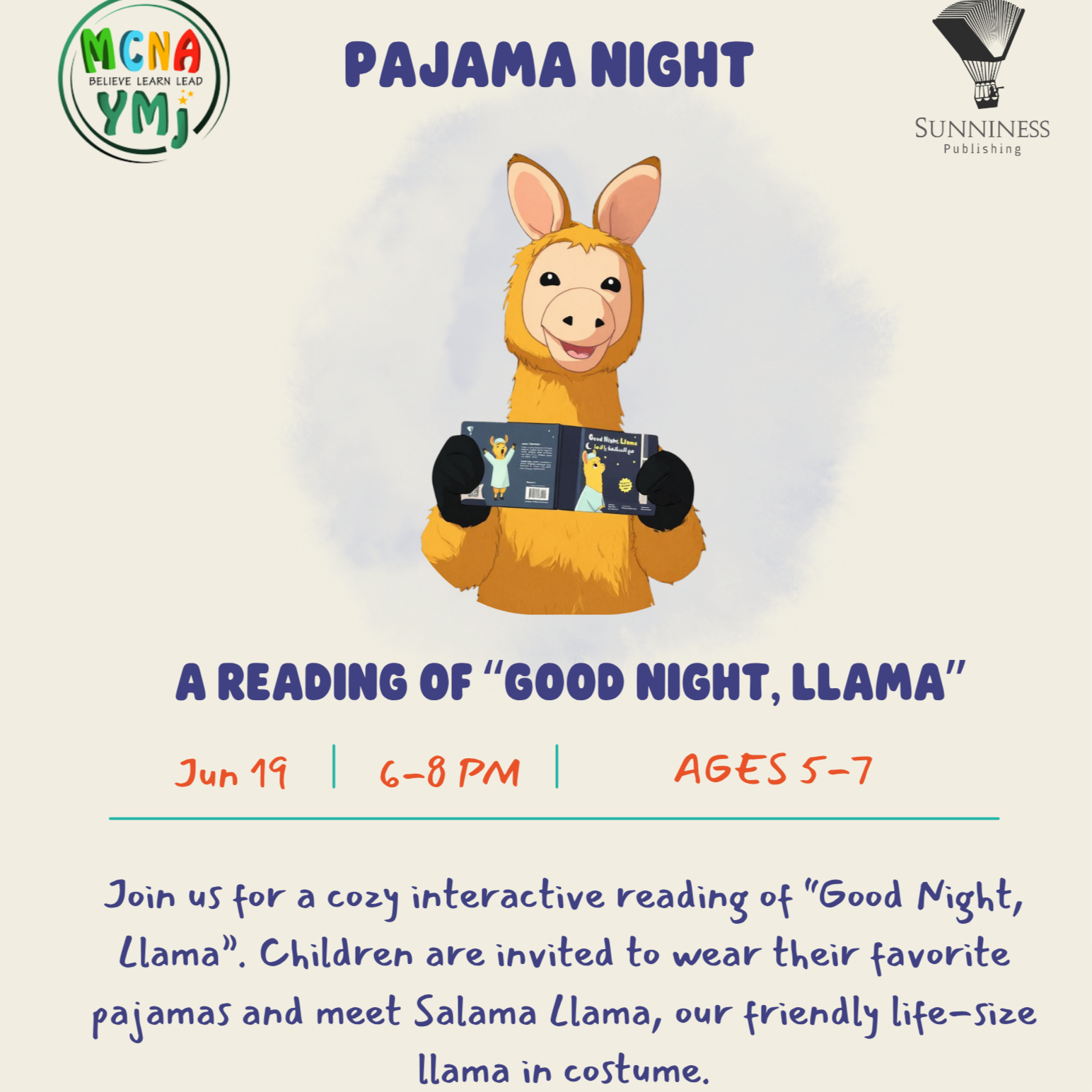 Cover art for #Pajama Night: A Reading of "Good Night, Llama" — Muslim Center of Middlesex County (MCMC)