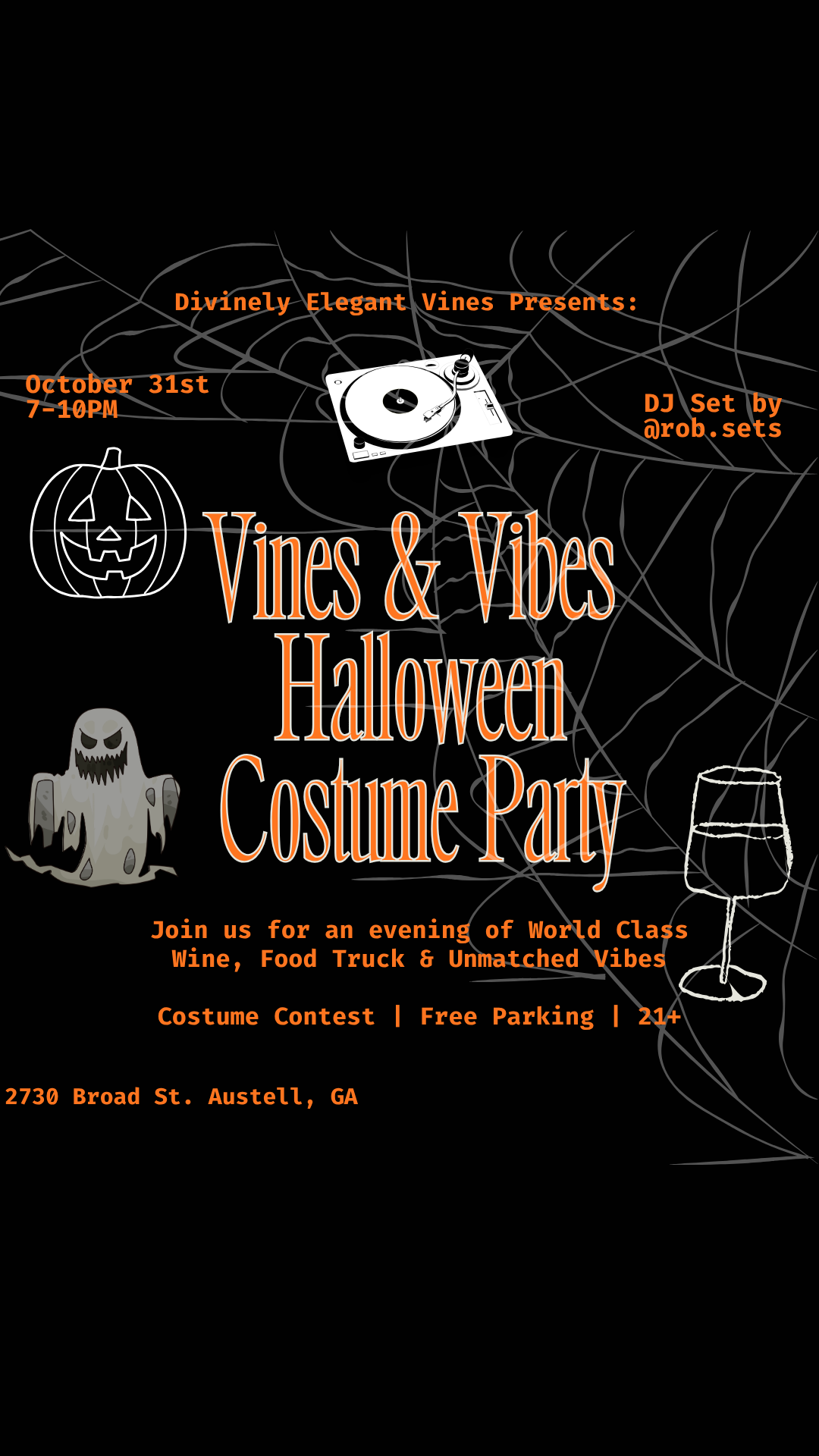 Vines & Vibes Halloween Costume Party | Live YouTube DJ Set, World Class Wine, & Food Truck