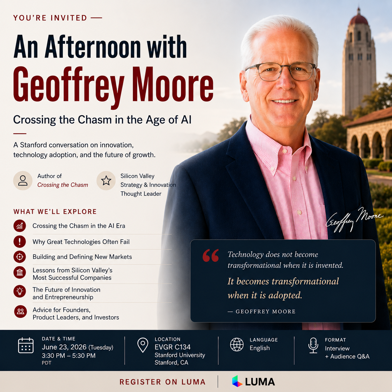 Cover art for #Geoffrey Moore at Stanford: Crossing the Chasm in the Age of AI — EVGR, Building C