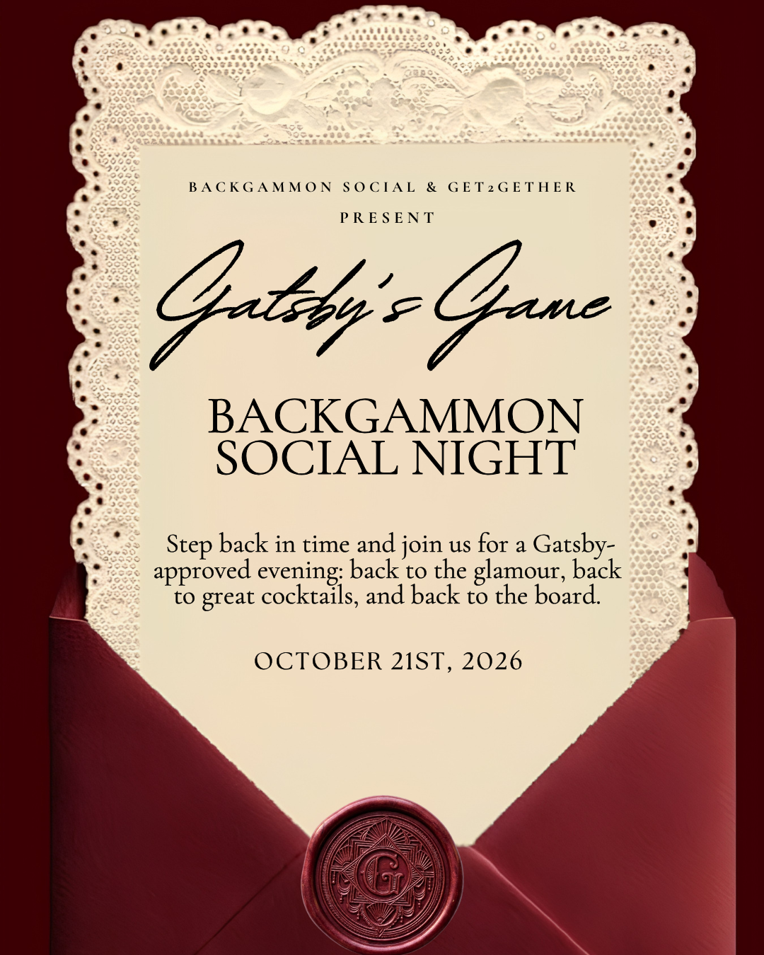 Gatsby’s Game a Backgammon Social Night
