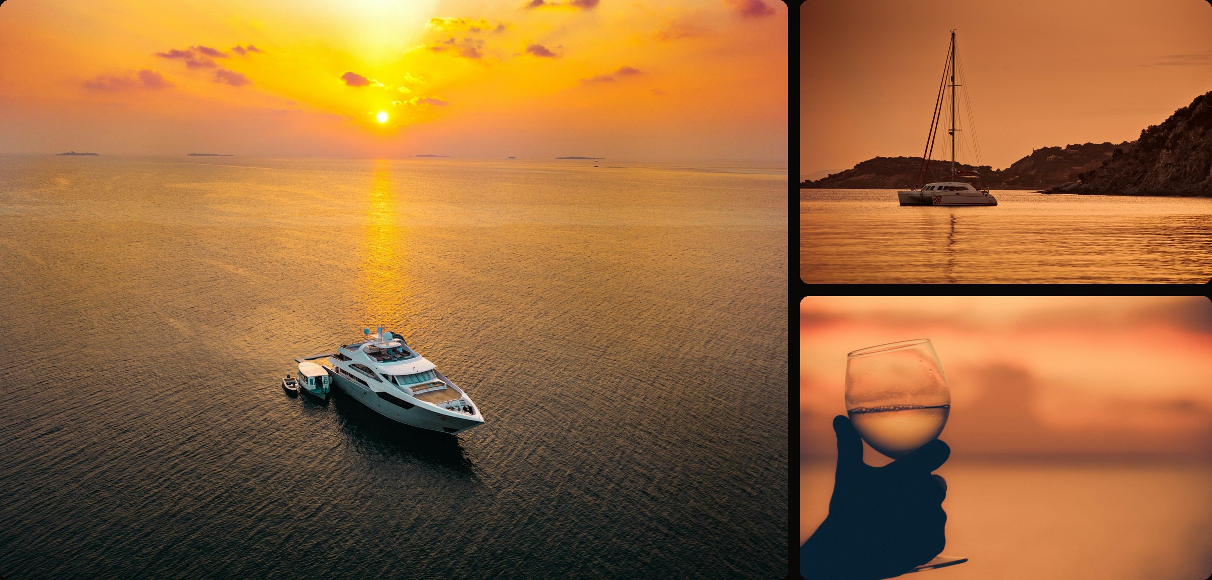 Golden-hour yacht at sea, a catamaran at anchor and a sunset toast