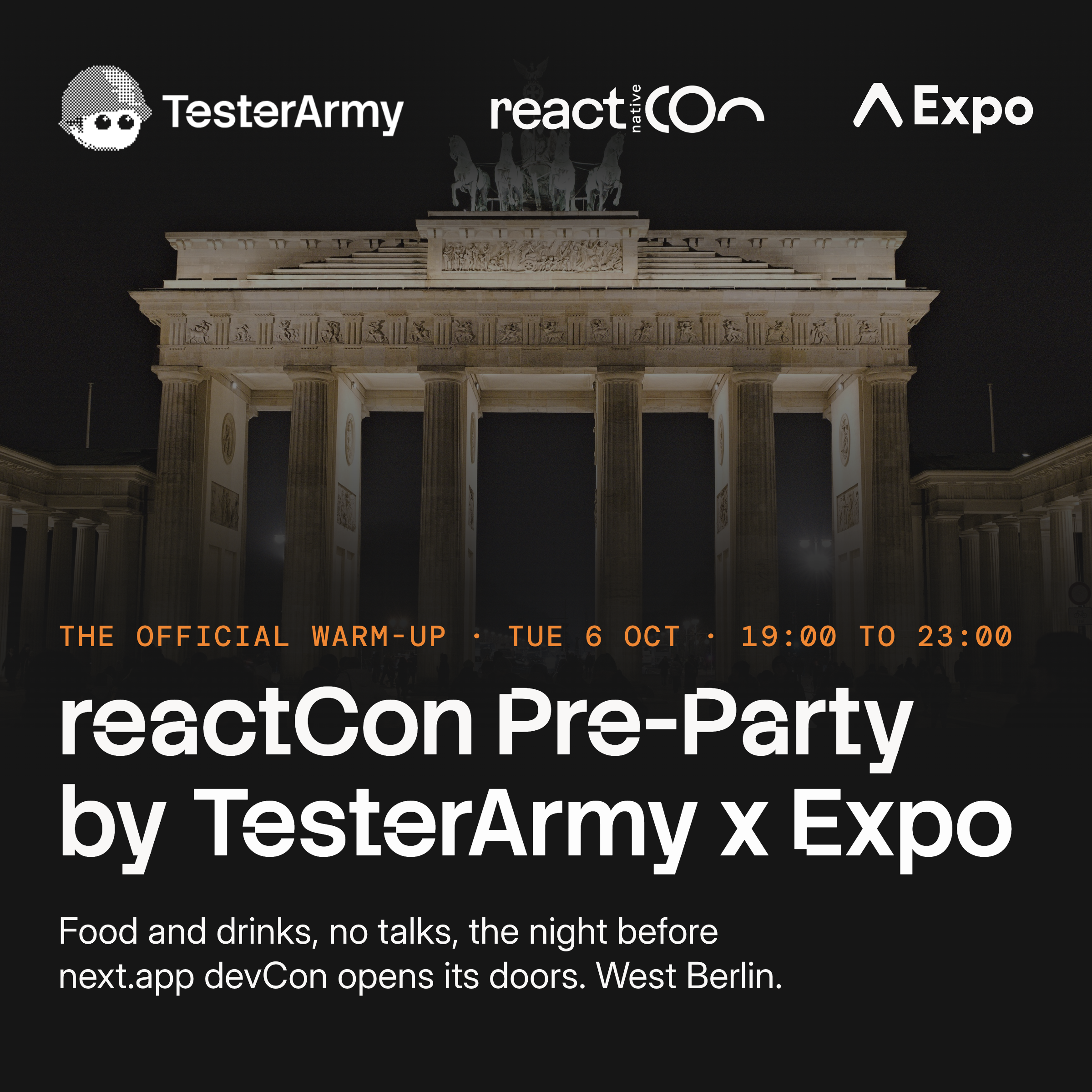 reactCon Pre-Party. The official warm-up, hosted by TesterArmy x Expo