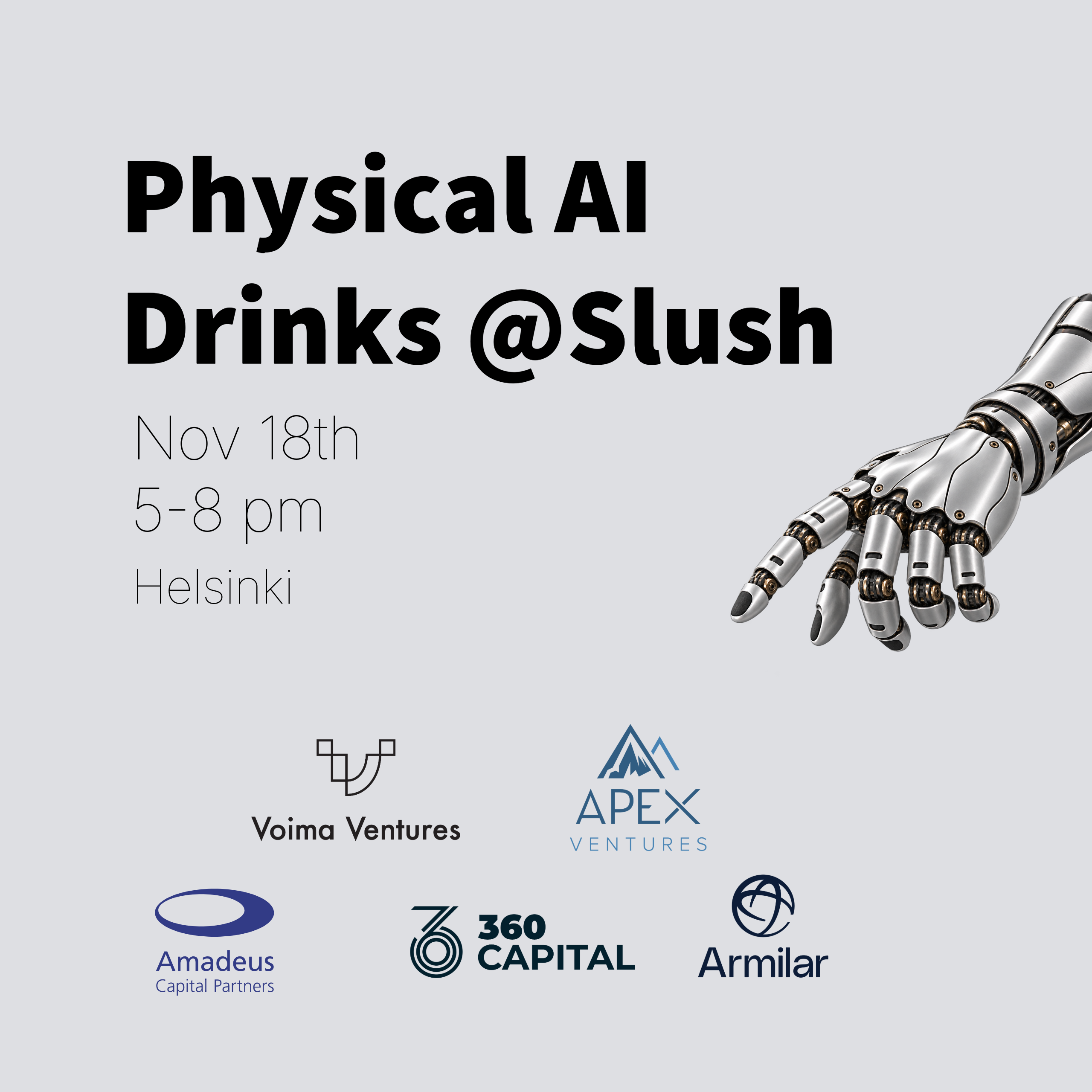Drinks de AI Física @Slush com Voima Ventures, APEX Ventures, 360 Capital, Armilar Ventures & Amadeus Capital Partners