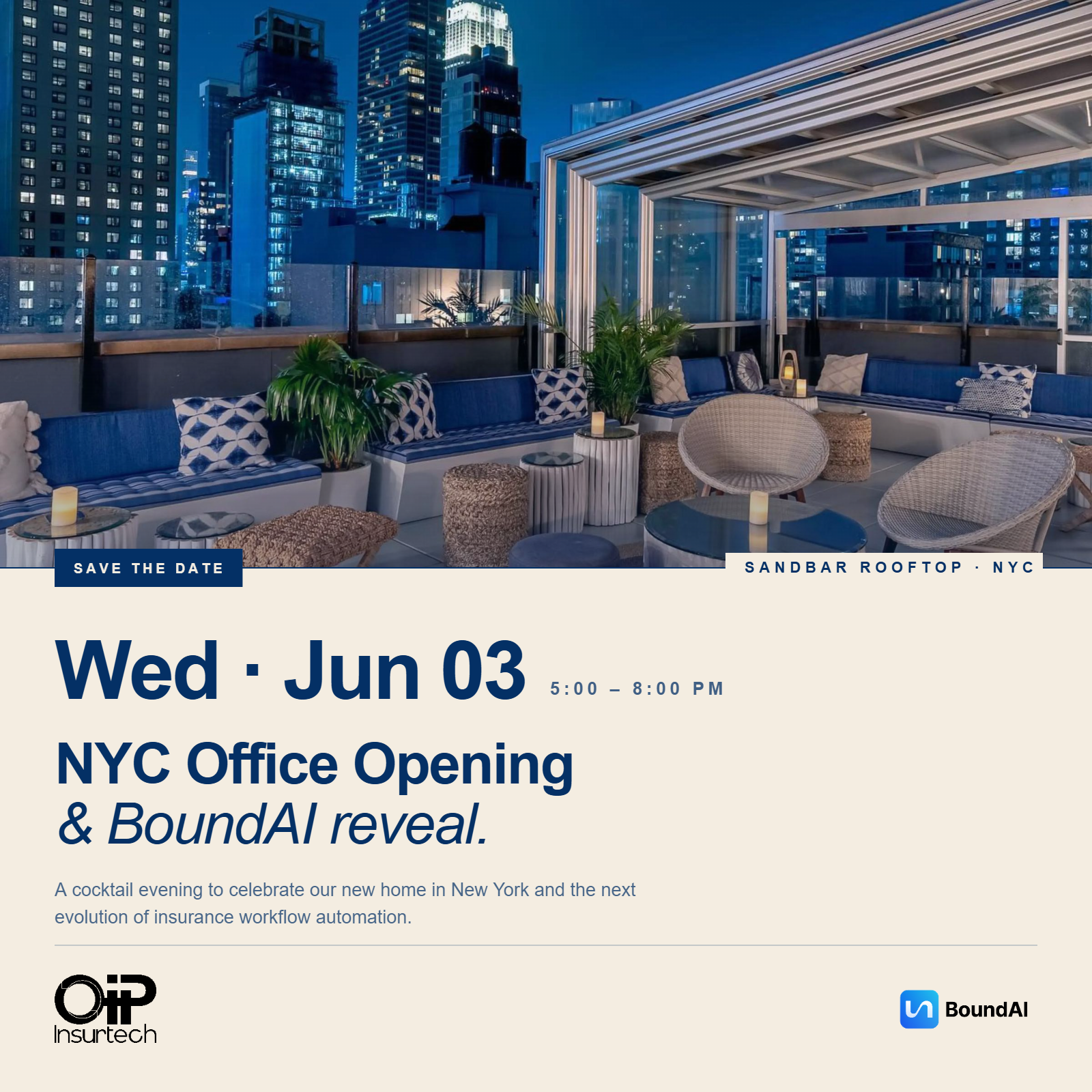 Cover art for #OIP Insurtech NYC Office Opening Celebration & BoundAI Product Reveal — Sandbar Rooftop