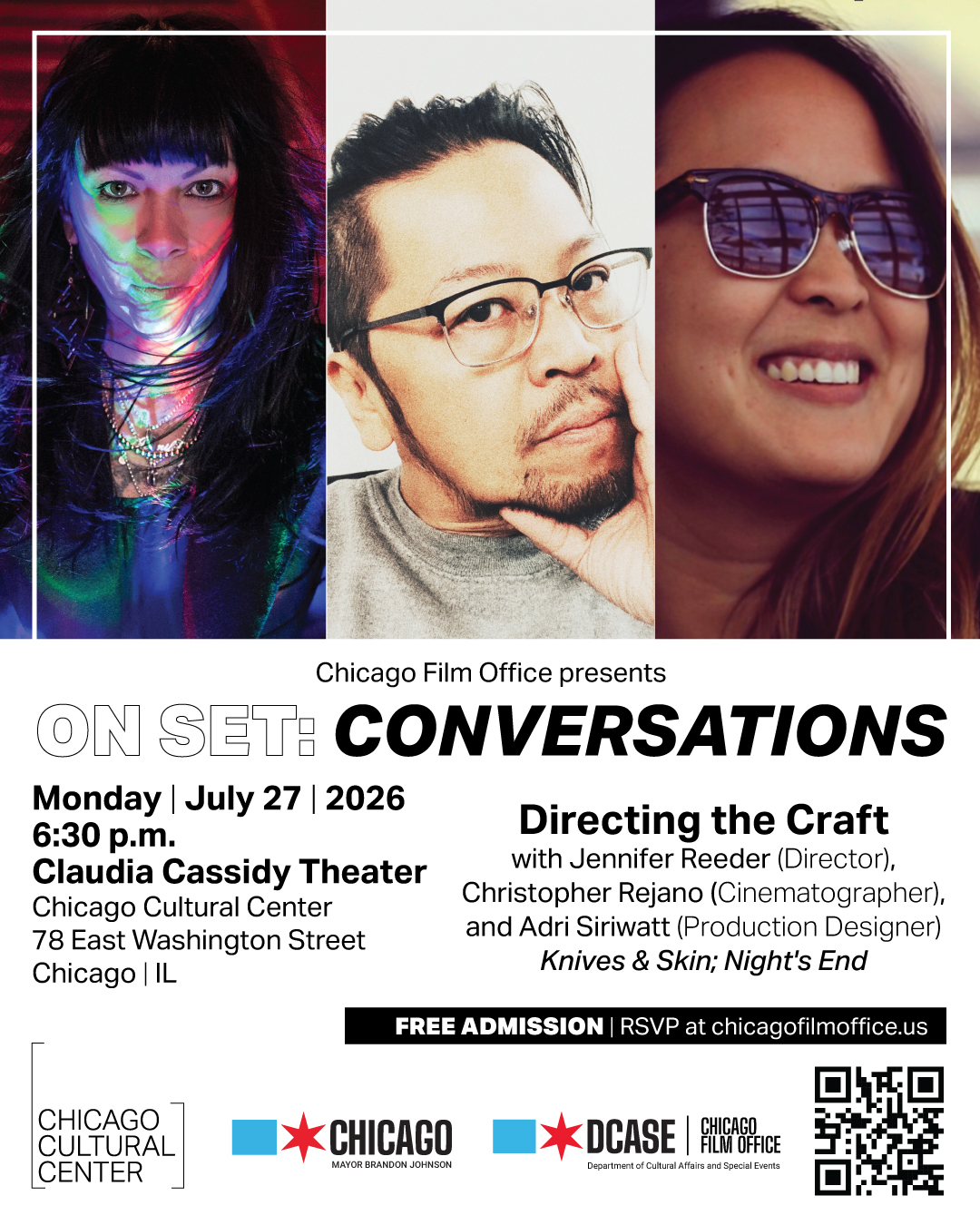 Chicago Film Office Presents On Set: Conversations Directing the Craft with Jennifer Reeder, Christopher Rejano, & Adri Siriwatt